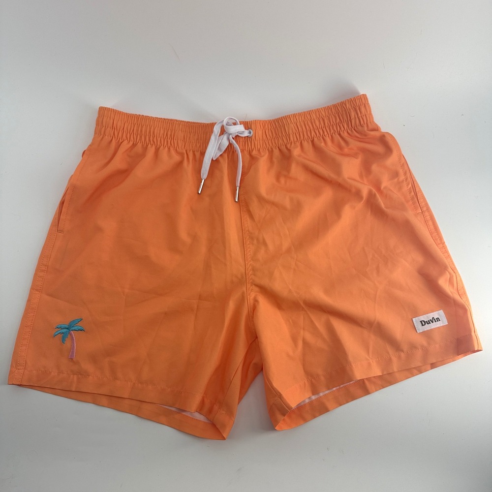 Duvin‎ Mens XL Swim Trunks Orange Palm Tree Embroidered Mesh Lined Board Shorts